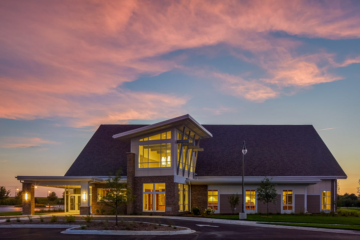 Church exterior at dusk